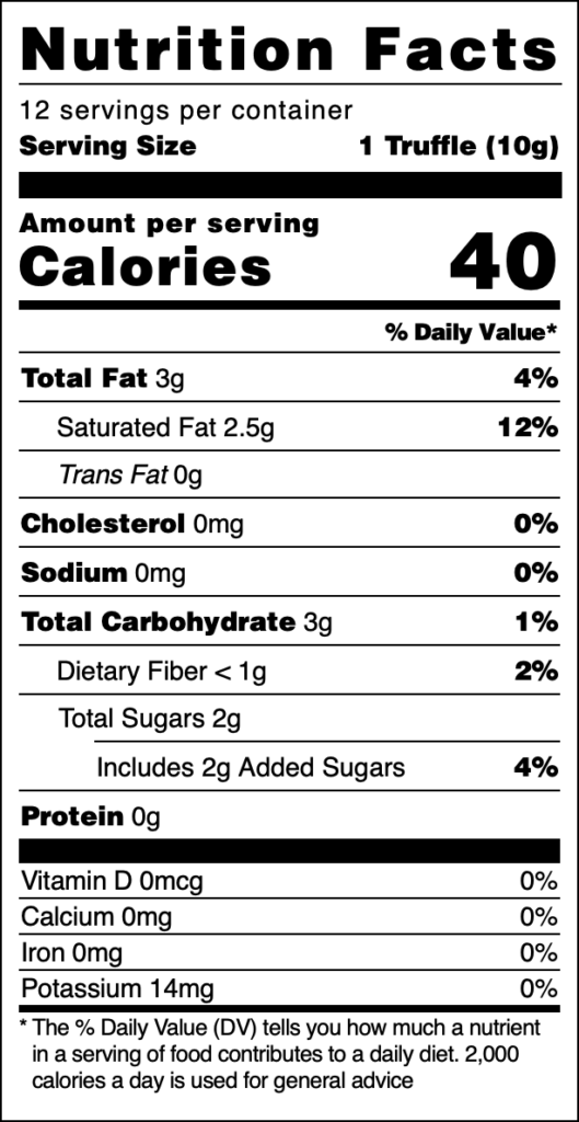 Chica Chill Nutrition Facts 12-Count Box. 12 servings per container. Serving size one truffle, ten grams. Amount per serving. Calories 40. Total fat 3 grams. Saturated fat 2.5 grams. Trans fat 0 grams. Cholesterol 0 milligrams. Sodium 0 milligrams. Total carbohydrate 3 grams. Dietary fiber less than one gram. Total sugars two grams. Includes two grams added sugars. Protein zero grams.