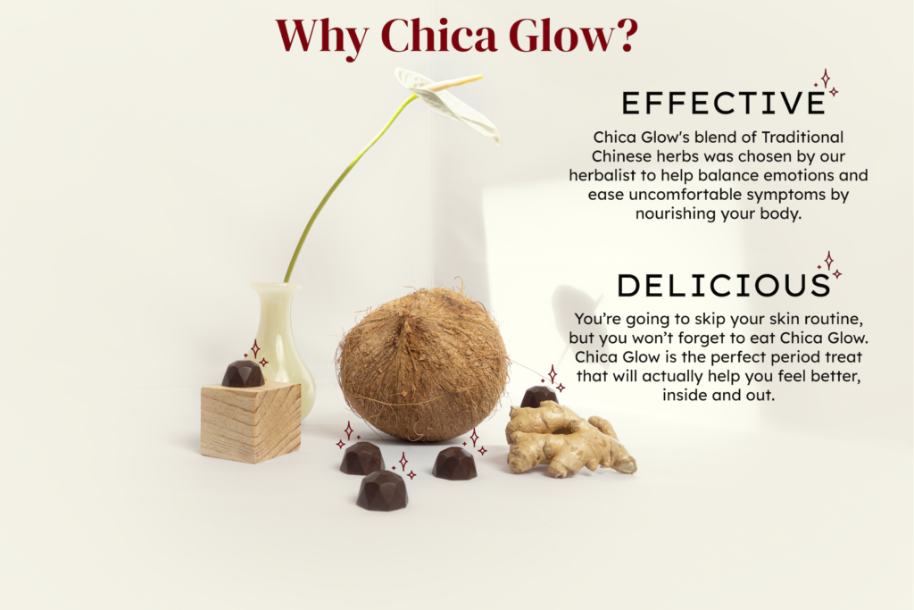 Image of Chica Glow chocolate truffles displayed with a coconut, piece of ginger root, and a narrow vase with one white flower extending out on a long stem. There is text on the image. H1: Why Chica Glow? H2: Effective. Paragraph: Chica Glow's blend of Traditional Chinese herbs was chosen by our herbalist to help balance emotions and ease uncomfortable symptoms by nourishing your body. H2: Delicious. Paragraph: You’re going to skip your skin routine, but you won’t forget to eat Chica Glow. Chica Glow is the perfect period treat that will actually help you feel better, inside and out.