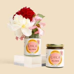 Jar of Chica Align filled with flowers, next to a full jar of Chica Align.